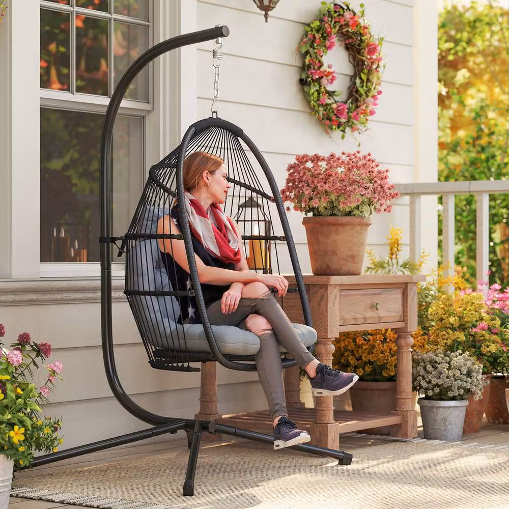 ERGOVEXA Rattan Hanging Egg Chair with Stand in Dark Grey – 3