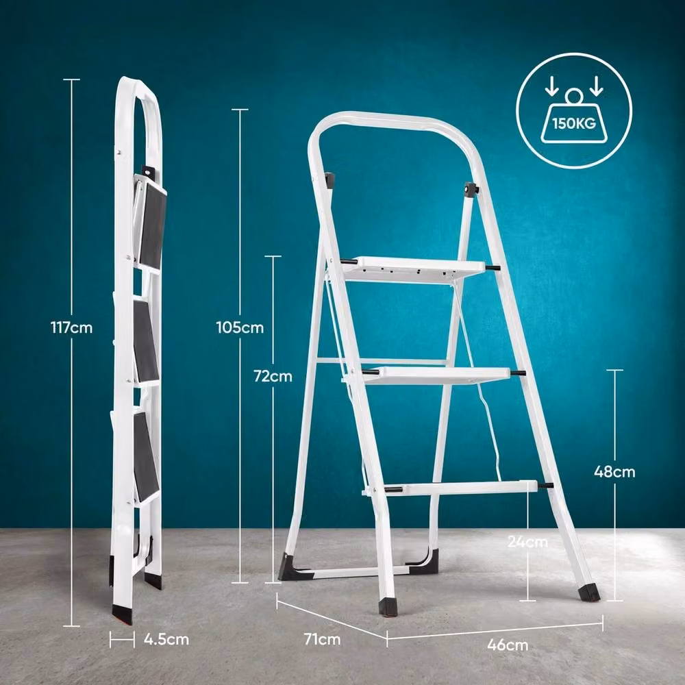 VOGREX White and Black Folding Steel Step Ladder Stool with Non-Slip Rubber Feet – 2