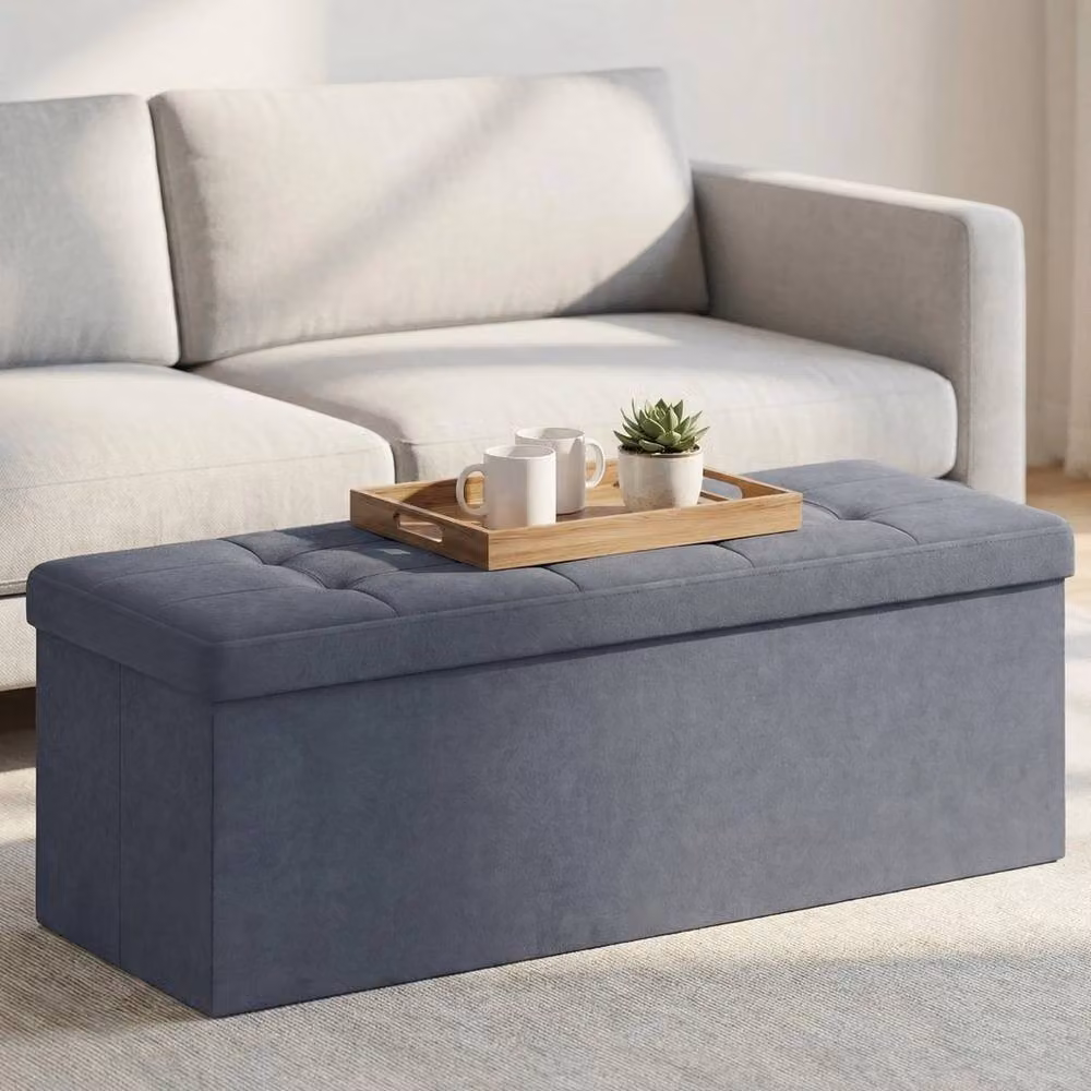 KORVIXA Slate Grey Foldable Storage Ottoman Cube with Hidden Compartment W/D/H: 100 x 100 x 100 cm – 3