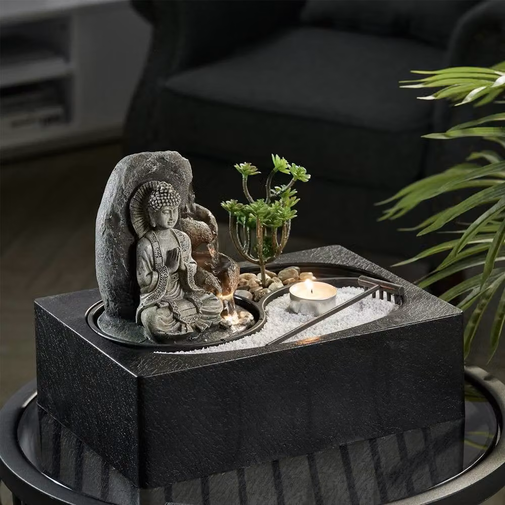 Living and Home Buddha Zen Tabletop Water Fountain in Green and Sand with LED Light – 4