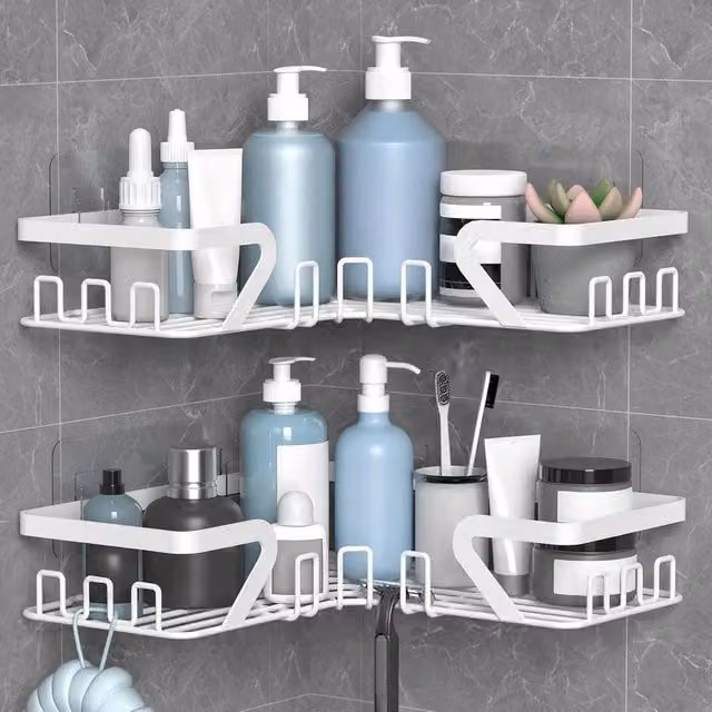 VOGREX White Adhesive No Drill Corner Shower Caddy with Soap Holder and Drainage – 1