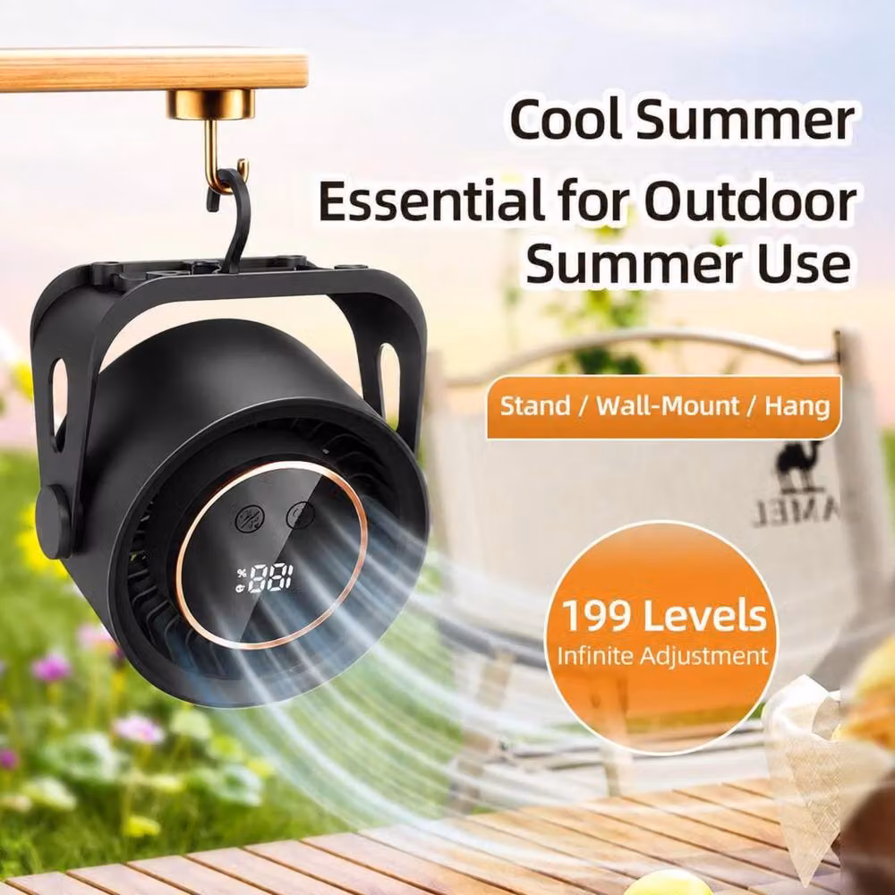 Dyzi Rechargeable Desktop and Wall Mount Fan with Digital Display and 199 Speeds in Black – 6
