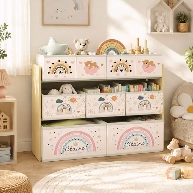 STILVORA Multicolour Toy Storage Unit with 3 Tiers and 9 Boxes, W/D/H: 93 x 70 x 30 cm