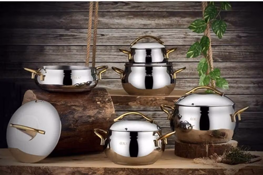 OMS 10 Piece Stainless Steel Cookware Set with Gold Handles in Silver – 3