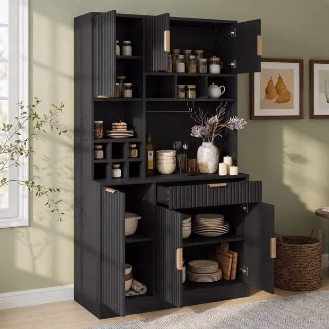 BTM Black Tall Kitchen Sideboard with USB, Wine Rack and Glass Holder, W/D/H: 100 x 40 x 175 cm – 1