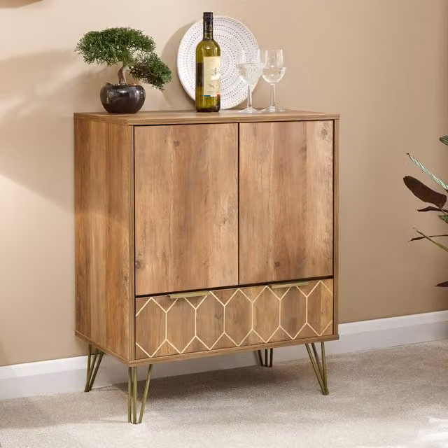 GFW Orleans Mango Effect Wine Cabinet with Glass Shelves and Metal Hairpin Legs in Brown and Black, W/D/H: 82 x 39 x 39 cm – 3