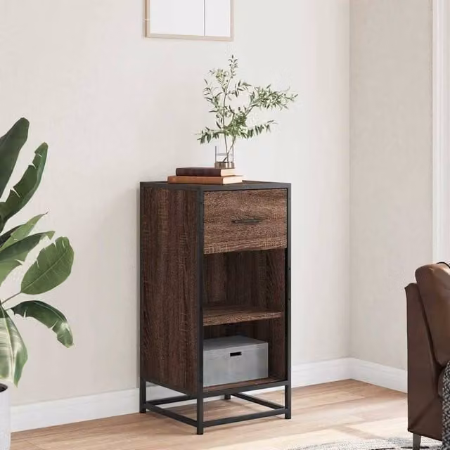 Berkfield Home Brown Oak Industrial Sideboard in Engineered Wood and Metal, W/D/H: 35 x 35 x 76 cm