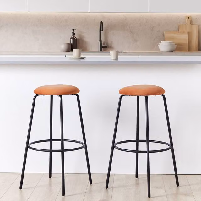 Wyld and Coco Set of 2 Orange Velvet Bar Stools with Metal Footrests