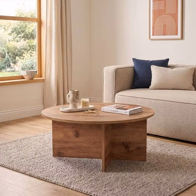 CALICOSY Soleil Coffee Table with Rounded Top in Light Oak, W: 90 cm, D: 40 cm, H: 45 cm