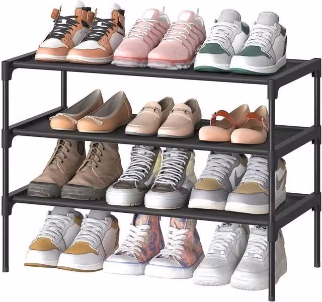 VOGREX 3-Tier Stackable Shoe Rack with Metal Frame and Fabric Shelves in Black, W/D/H: 62.3 x 29.7 x 53.5 cm