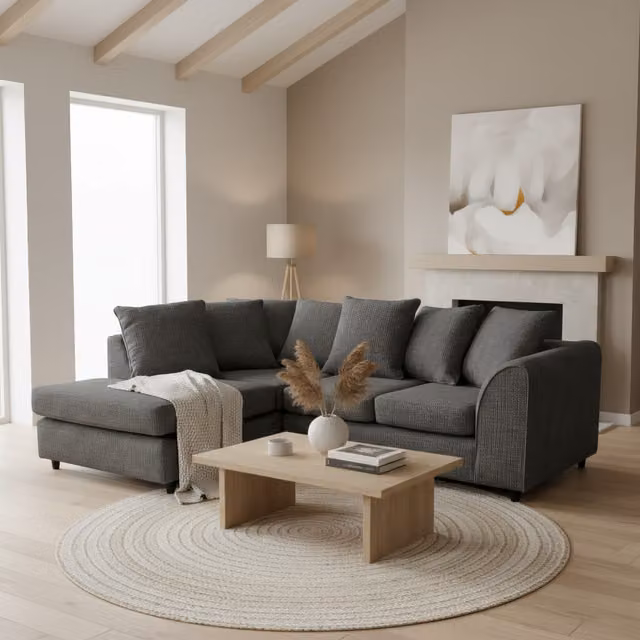 Abakus Direct Jumbo L-Shape Corner Sofa in Black Soft Chenille Fabric with Left-Hand Chaise and Scatter Cushions