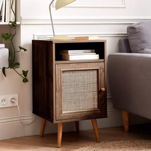sweeek Scandi-style Bedside Table with Drawer in Dark Brown with Rattan Detail