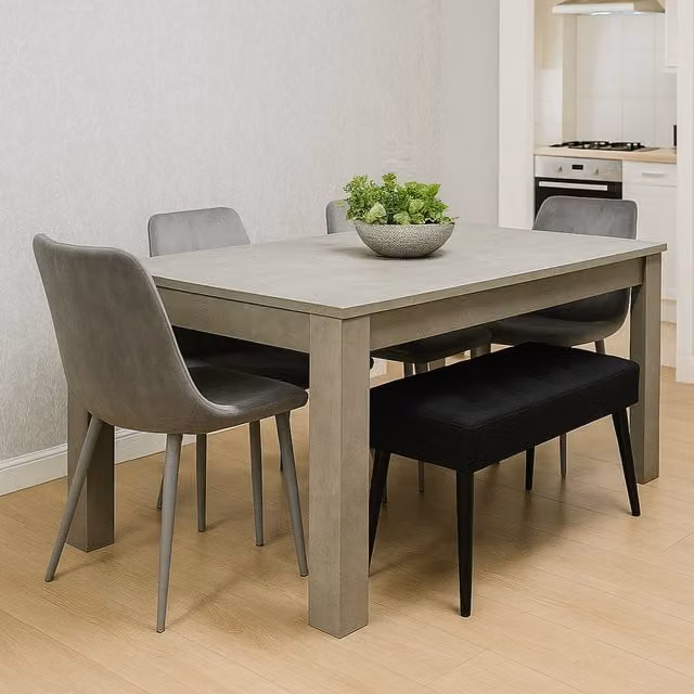Kosy Koala Modern Rectangular Dining Set with Table, 4 Chairs and Bench in Grey Stone Effect Wood