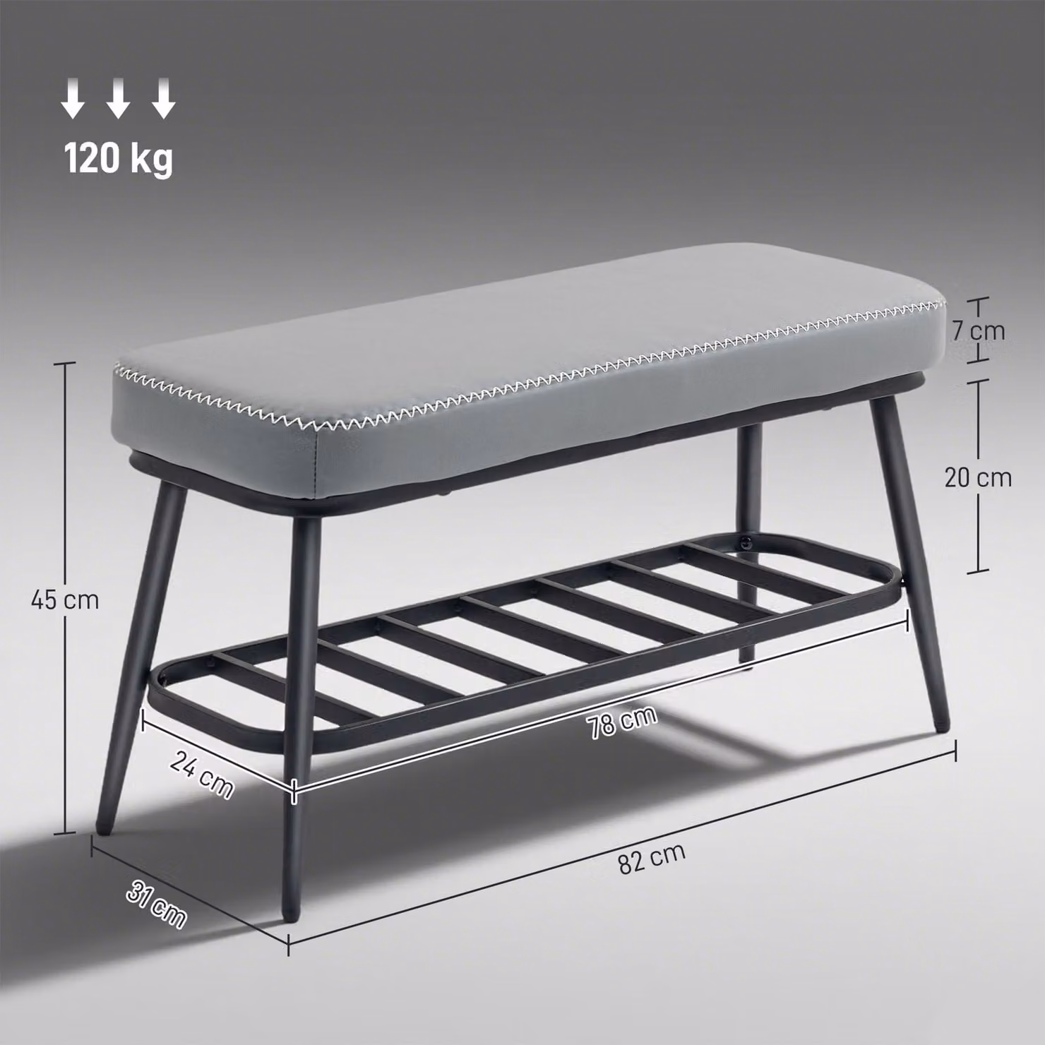 HOMCOM Grey PU Leather Shoe Storage Bench with Metal Frame, W: 120 cm, D: 45 cm, H: 82 cm – 3