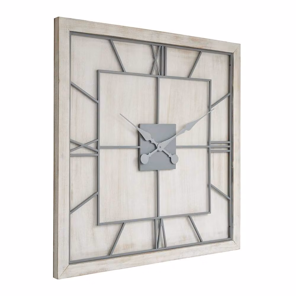 Wyld Haus Large Square Rustic Skeleton Wall Clock in White and Grey – 2
