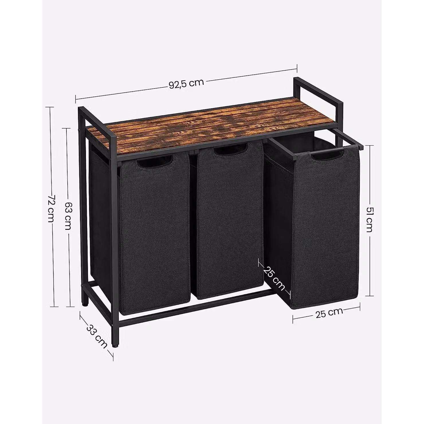 VASAGLE 3 Compartment Laundry Basket with Shelf and Metal Frame, Black – 2
