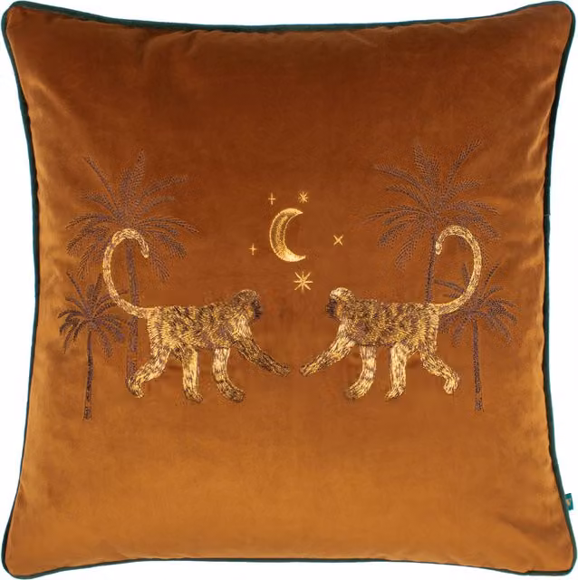 Dusk Monkey Embroidered Velvet Cushion in Orange and Brown Polyester