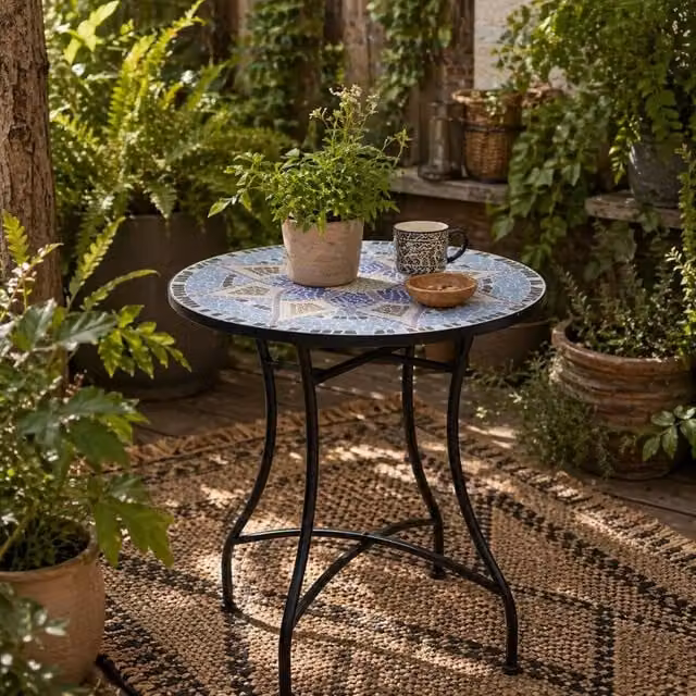 Wyld Haus Makema Blue and White Ceramic Round Mosaic Outdoor Bistro Table, W/D/H: 60 x 60 x 71 cm – 1