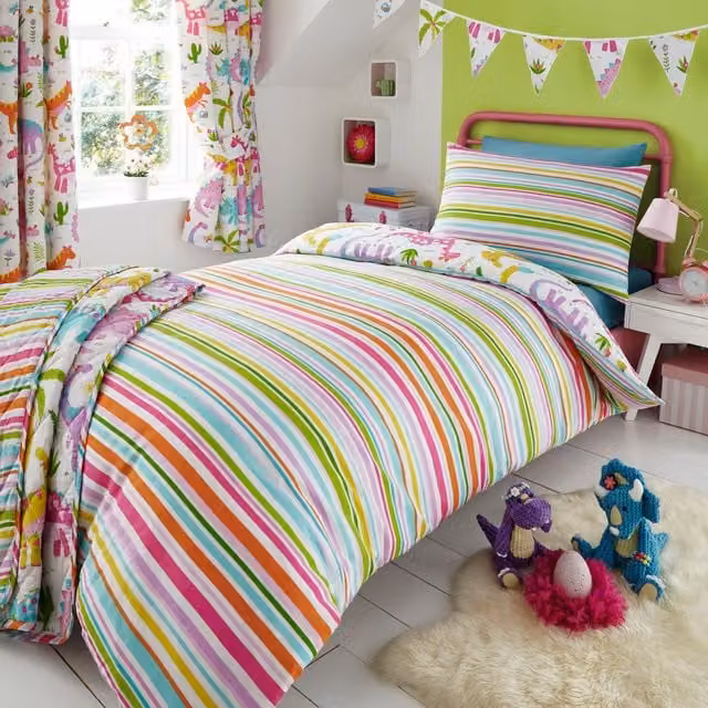 Happy Linen Company Reversible Pink and Multicolour Animal Striped Kids Duvet Cover and Pillowcase Set, W/D/H: 140 x 200 cm and 50 x 75 cm