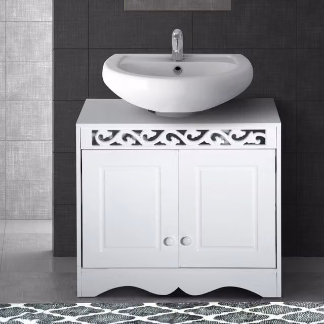 HOMCOM Grey Under Sink Cabinet Storage Unit with Double Hinged Doors and Internal Shelves