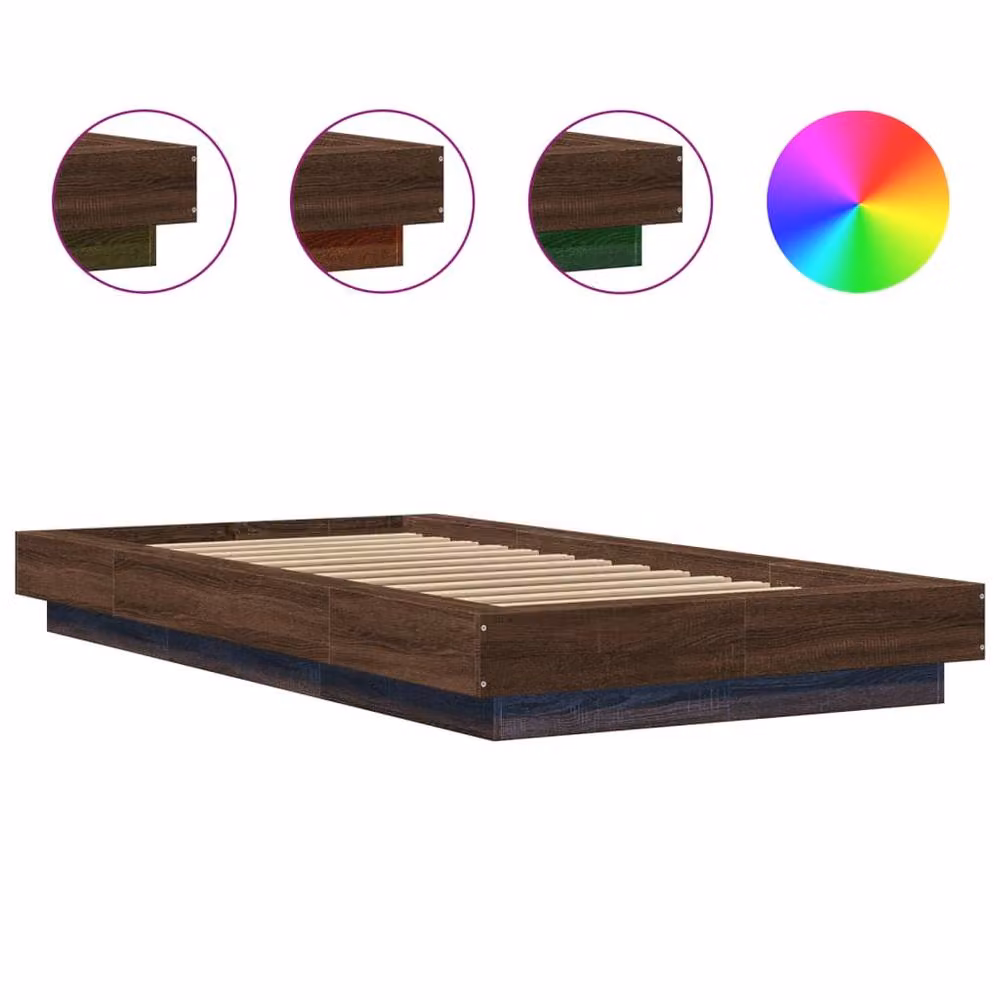Berkfield Home Durable Bed Frame with LED Under-Bed Lighting in Brown Oak, W/D/H: 90 x 190 x 23 cm – 4