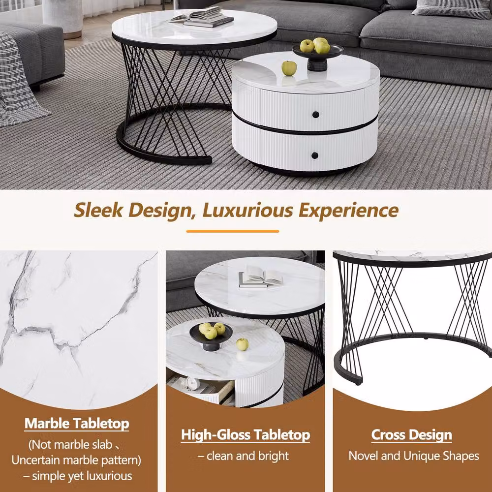 Matteo White and Gold High Gloss Round Nesting Coffee Table with Drawers – 4