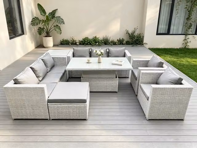 Fimous Rattan Garden Furniture Set in Grey with U-Shape 3-Seater Sofa, Coffee Table and Ottoman – 1