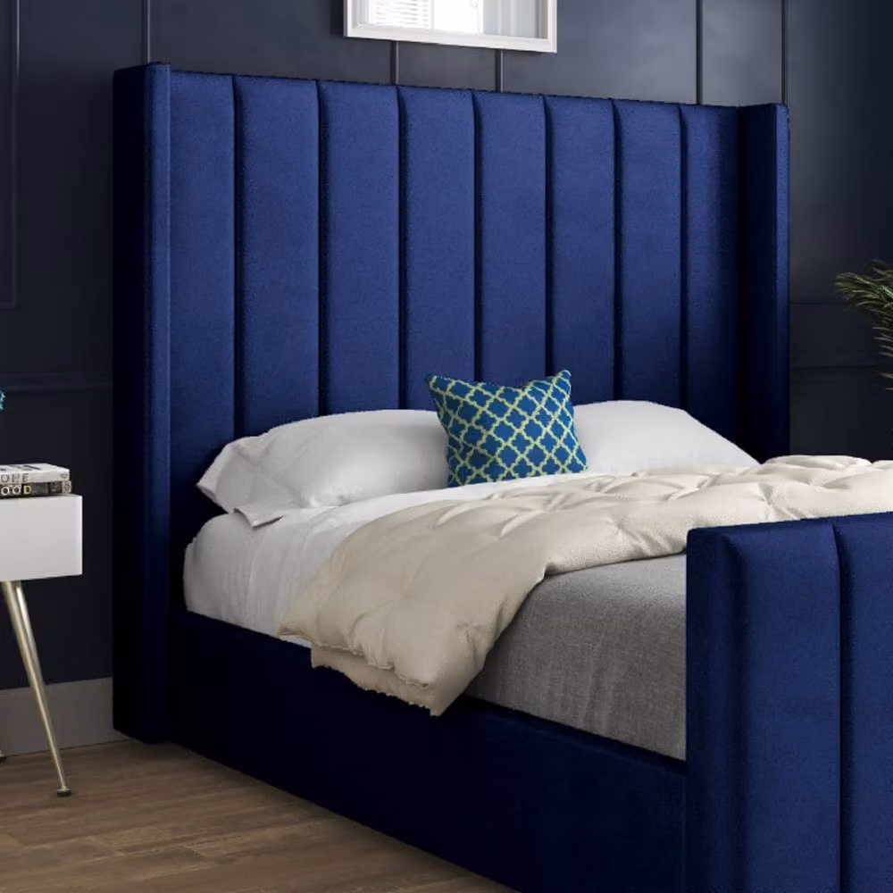 Casani Sherington Super King Straight Winged Designer Bed Frame in Blue Soft Velvet, W/D/H: 200 x 189 x 137 cm – 4