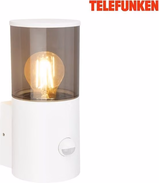 TELEFUNKEN White Outdoor Wall Light with Smoked Glass, Motion and Dusk Sensors, E27, IP44 – 1