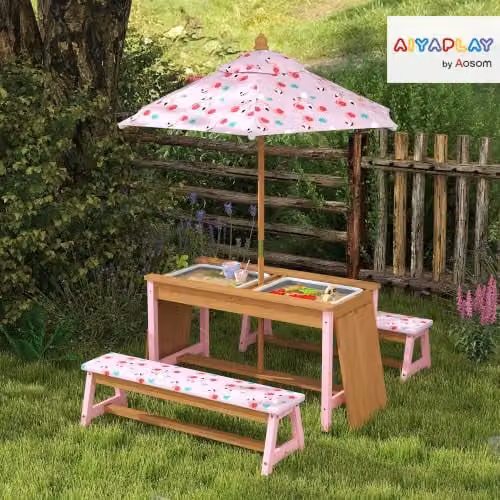 AIYAPLAY Pink Wooden Kids Picnic Table and Bench Set with Animal Print Design – 2