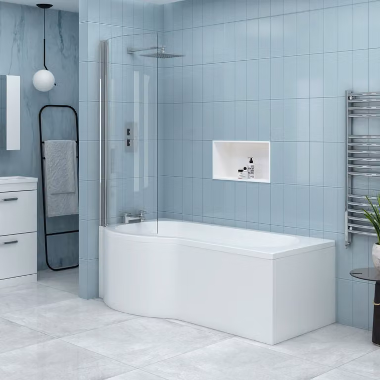 Elva Left Hand Curved P-Shaped Acrylic Bath with Front Panel and Shower Screen, White, W: 170 cm, D: 85 cm