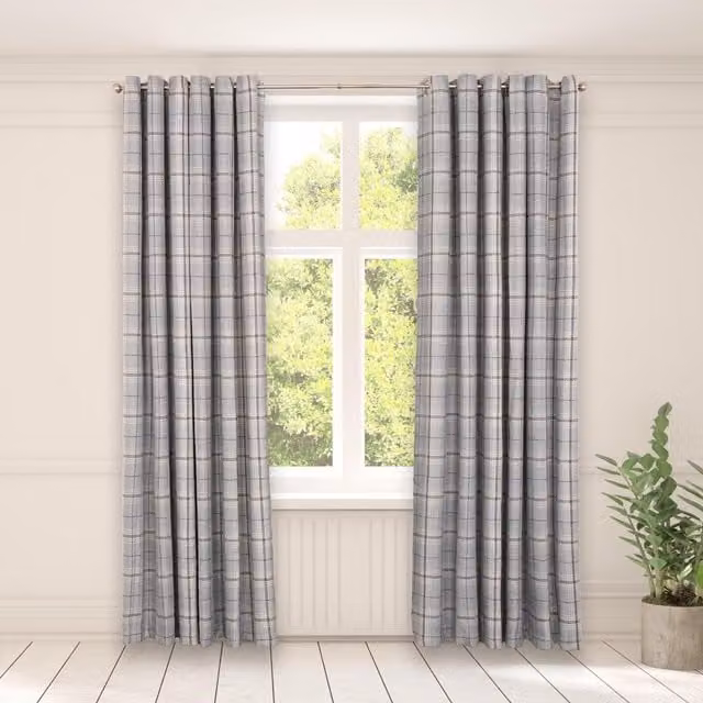 OHS Pair of Grey Woven Check Print Blackout Eyelet Curtains, Width: 137 cm, Height: 116 cm