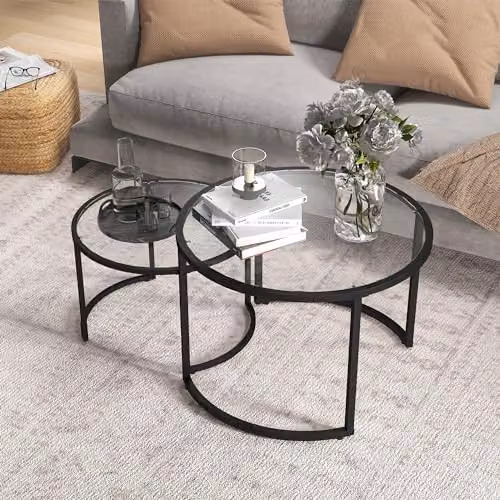 HOMCOM Set of 2 Round Nesting Coffee Tables with Black Glass Tops and Metal Frames – 5