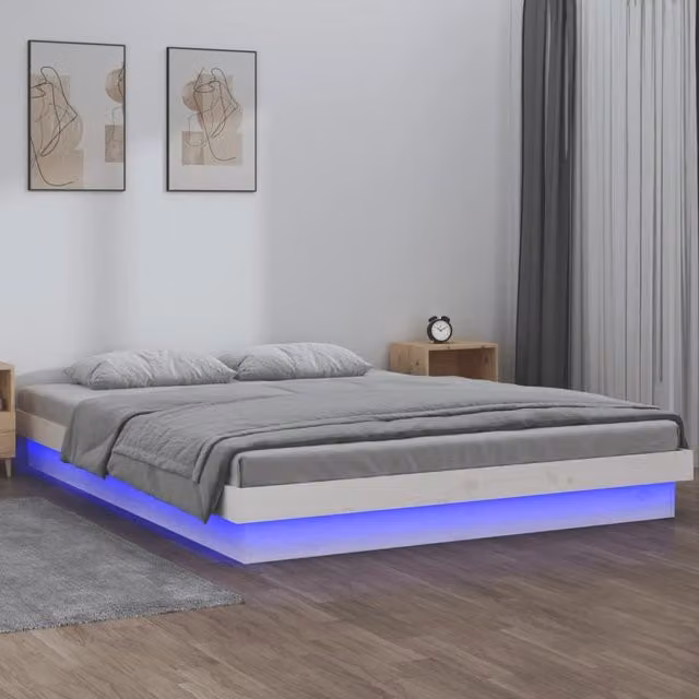 Berkfield Home Solid Wood LED Bed Frame in White with Under-Bed Lighting and USB Charging Port, W/D/H: 140 x 190 cm