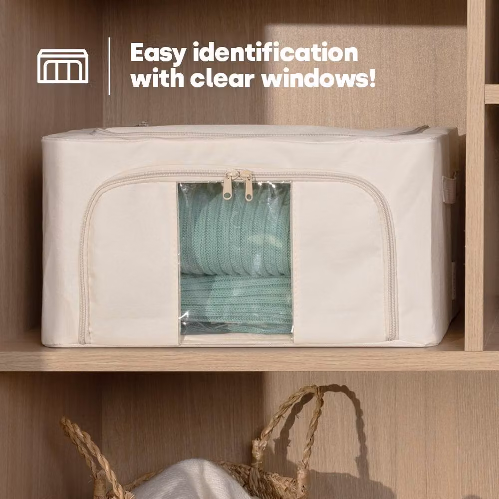 LIVIVO 3 Pack Foldable and Stackable Storage Bags in Beige with Steel Frame and Clear Windows – 3
