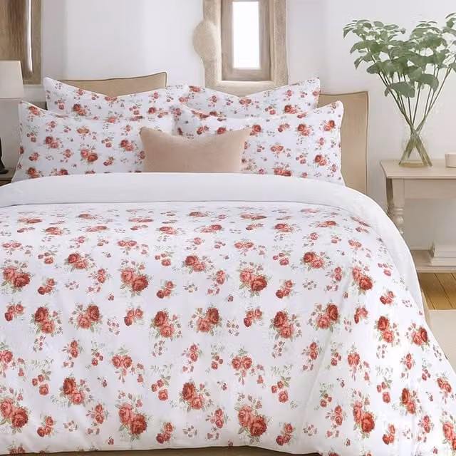 Florelle White Delicate Floral Printed Microfibre Duvet Cover and Pillowcase Set, Single, W/D/H: 140 x 200 cm and 90 x 200 cm