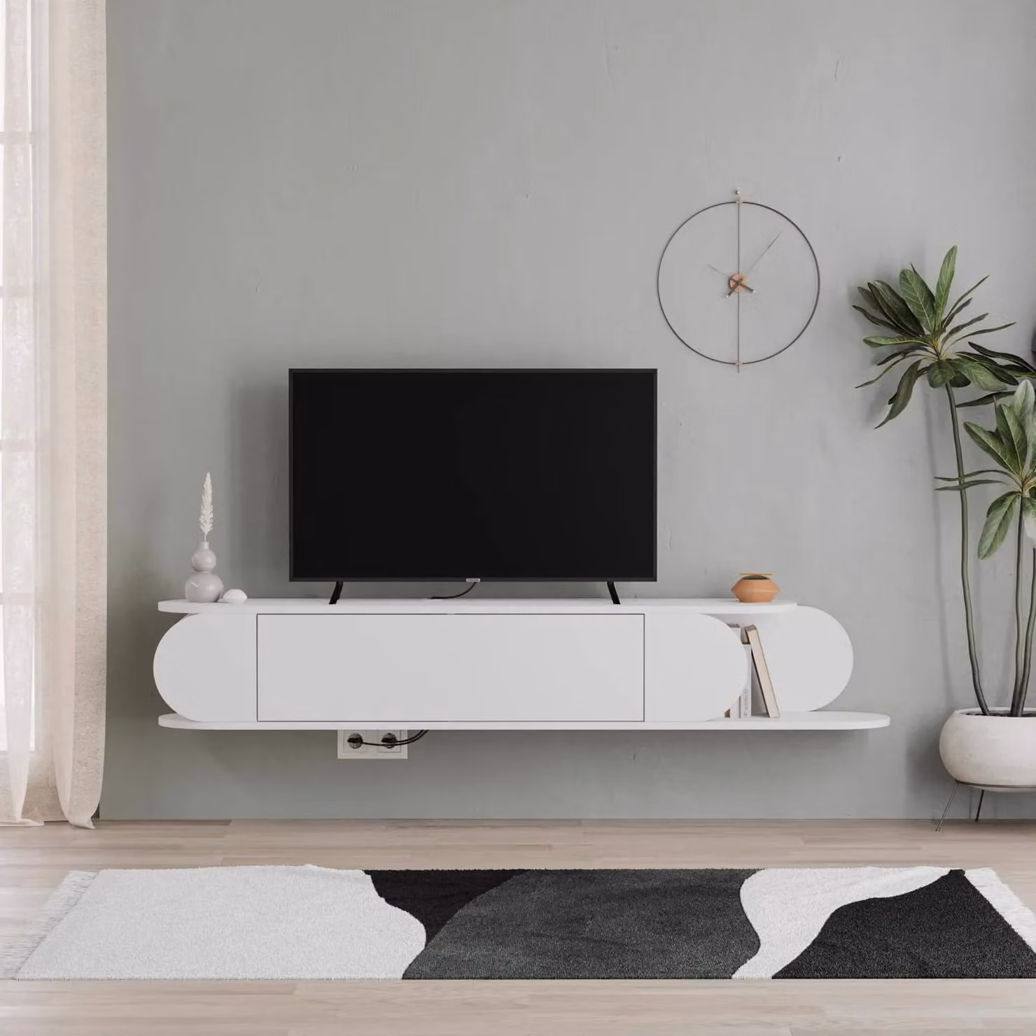 FWStyle White and Brown Modern Wall-Mounted TV Unit with 1 Door and 2 Open Shelves, W: 180 cm, H: 30 cm, D: 29.6 cm – 1