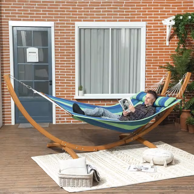Outsunny Garden Hammock with Stand and Blue Cotton Bed