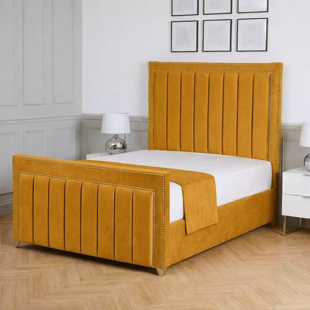 Living Comfort Bedz Royale Upholstered Velvet Gas Lift Storage Bed with 48 Inch Headboard in Yellow, Size: Small Double (W/D/H: 120 x 200 cm)