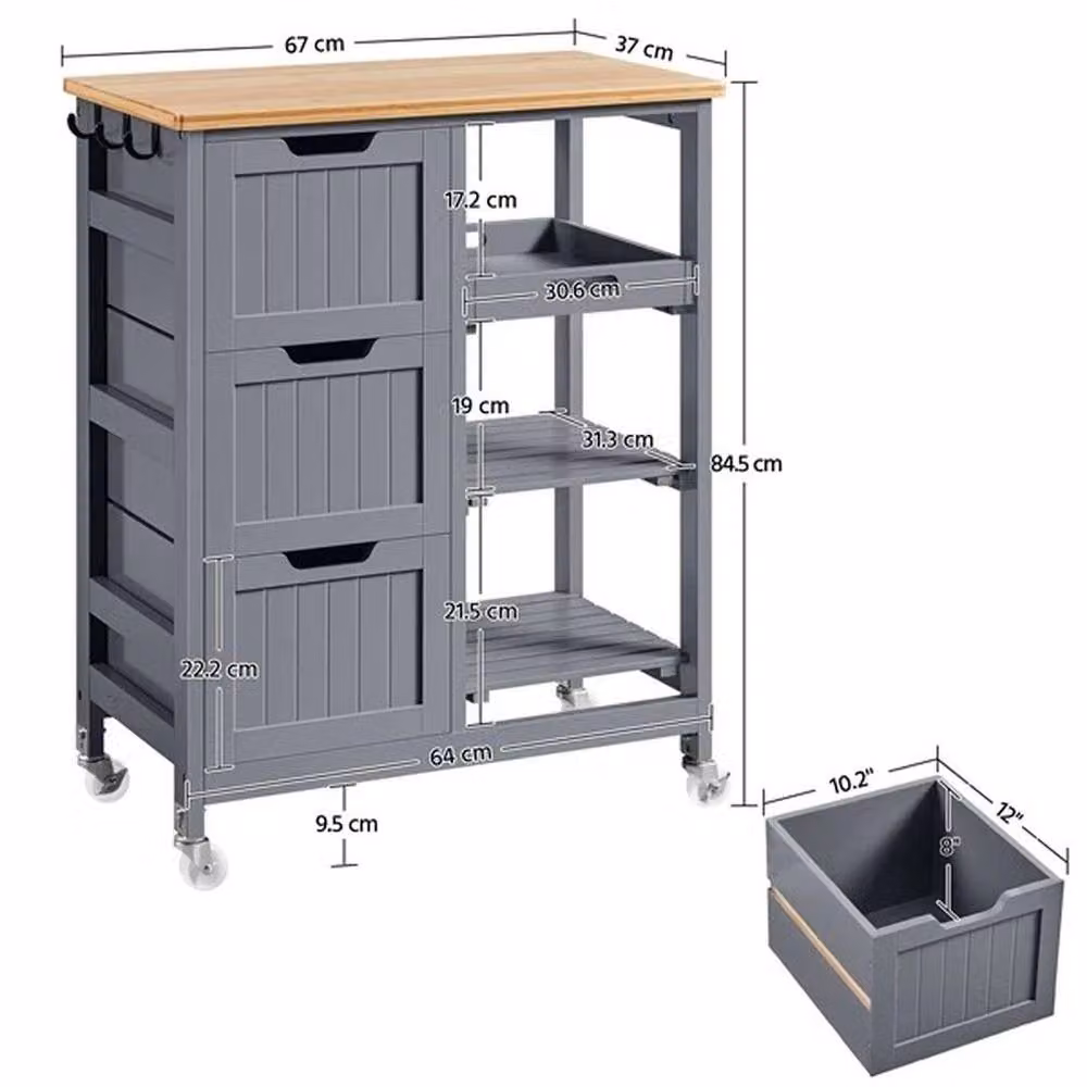 KORVIXA Rolling Kitchen Cart Island with 3 Shelves, Grey, W/D/H: 100 x 15 x 84.5 cm – 2
