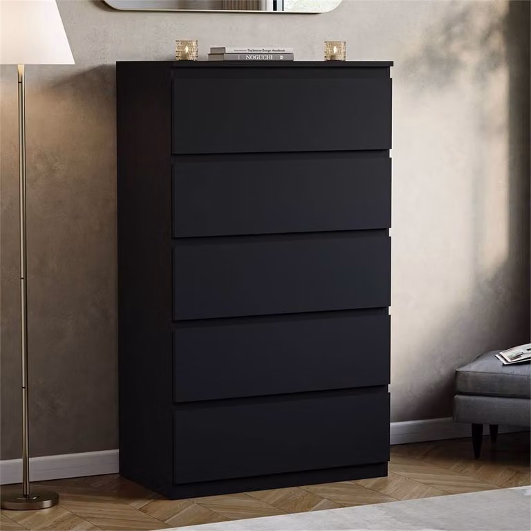 NESTLUNE Black 5 Drawer Chest of Drawers Storage Cabinet