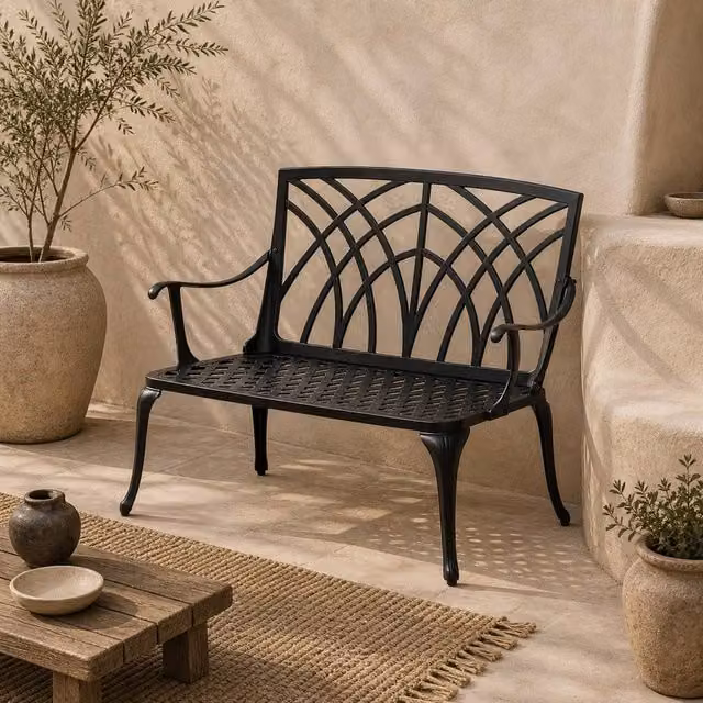 Wyld Haus Elsu 2 Seater Garden Bench in Black Cast Aluminium with Antique Finish