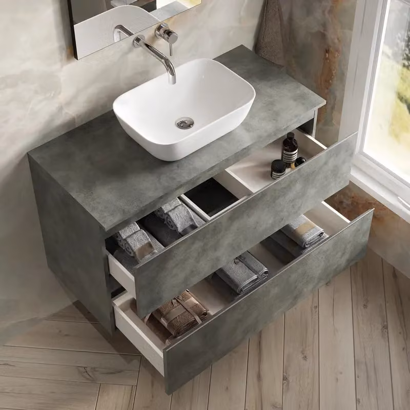 Banyetti Vatilla Wall Hung Vanity Unit with Matching Worktop, Cemento Grey, W: 100 cm, D: 45 cm, H: 59 cm – 3
