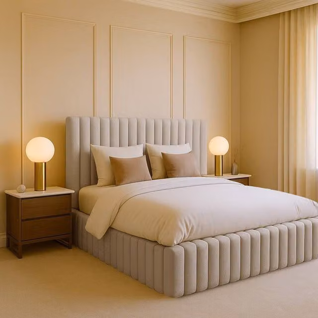 Desire Deco Brantley Plush Velvet Upholstered Panel Bed Frame, Light Beige, W: 200 cm