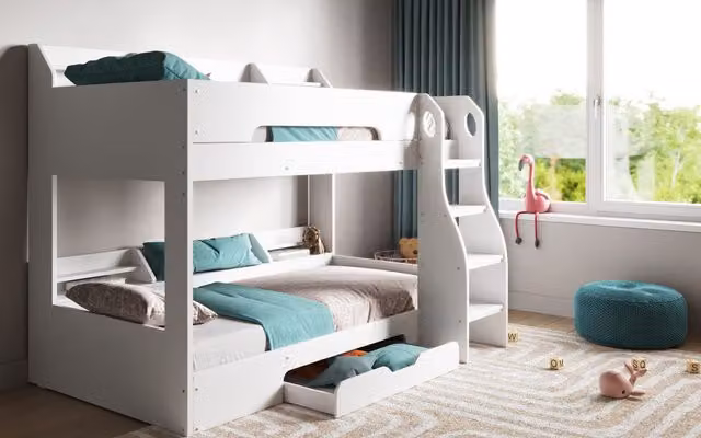 Flair Two-Level Bunk Bed with Stairs and Storage Drawers in White and Grey – 1