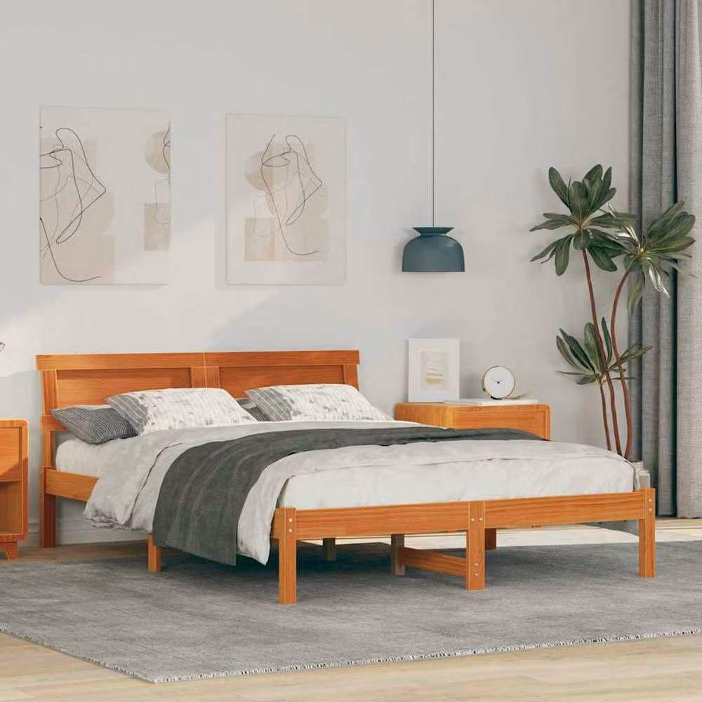 Berkfield Home Solid Pine Bed with Headboard and LED Strip Lights, Wax Brown, W: 135 cm, L: 190 cm – 2