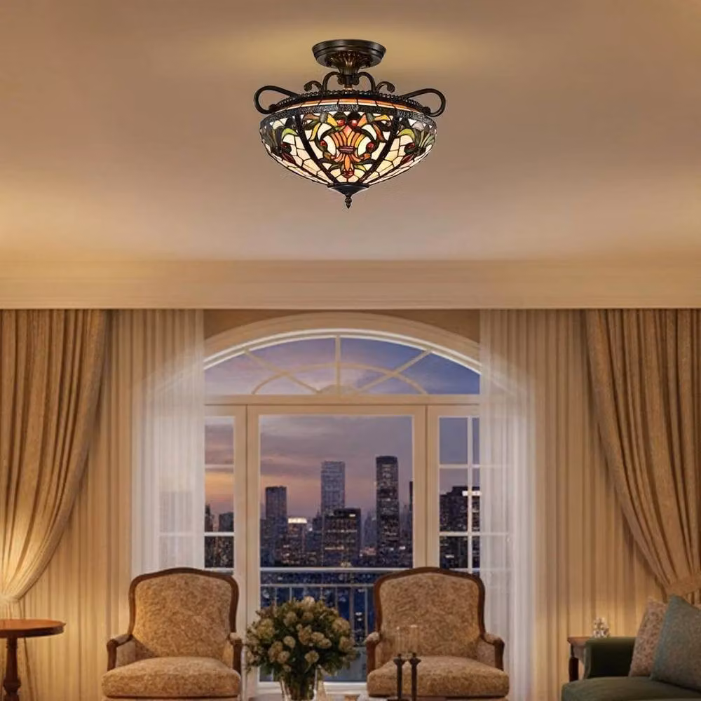 SPETLEK Tiffany Style Semi Flush Ceiling Light in Bronze with Multicolour Stained Glass – 3