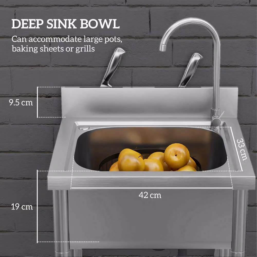 HOMCOM Stainless Steel Utility Sink in Silver Tone with Cold and Hot Water Pipe – 3