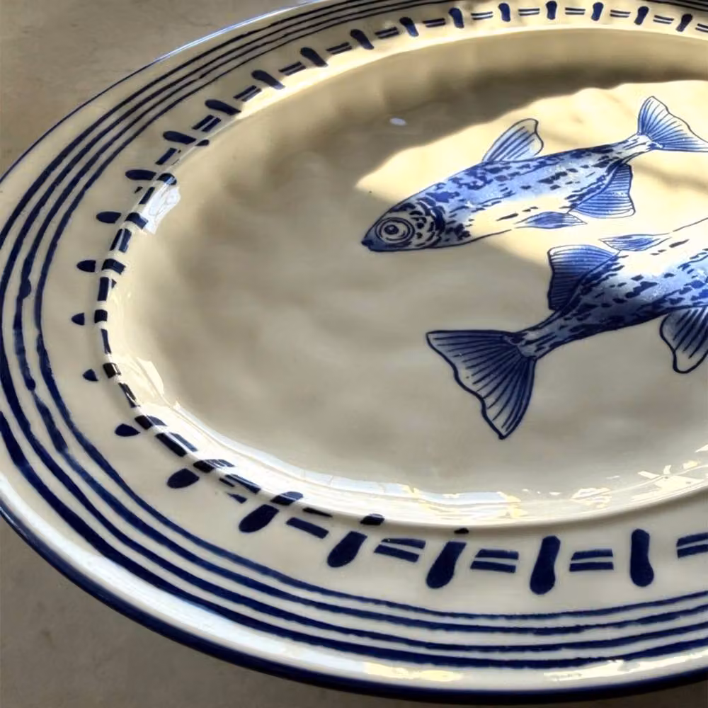 Verano Spanish Ceramics Ocean Fish Ceramic Oval Serving Platter in Blue and White, W: 39 cm, D: 26 cm, H: 3.5 cm – 2