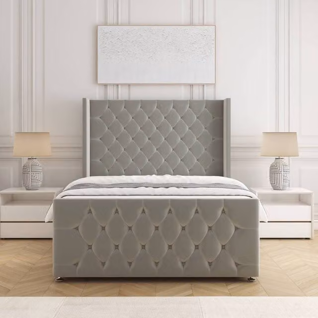 BSSPOKE Florida Velvet Divan Bed with Headboard and Footboard in Silver, Super King, W/D/H: 200 x 200 cm
